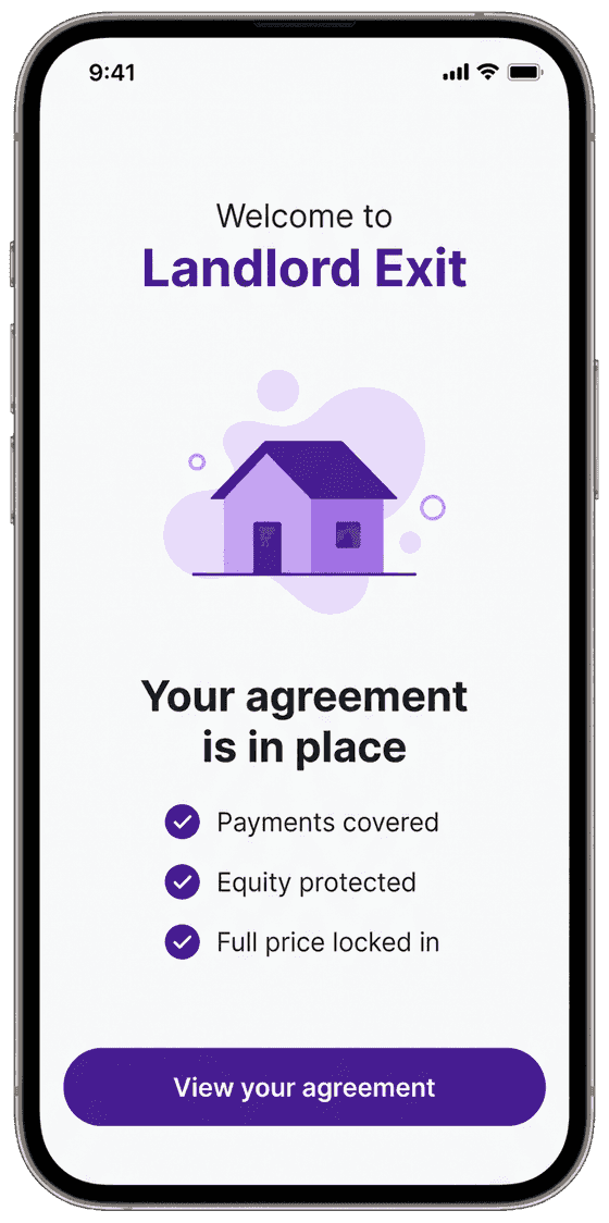 Landlord Exit app showing your agreement is in place — payments covered, equity protected, full price locked in